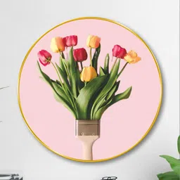 Livin'luxe Pink & Green MDF Tulip Flowers Large Round Living Room Wall Art 16" x 16"-picture-25