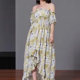 OOMPH! FACTOR Floral Printed Puff Sleeve Crepe A-Line Knee Length Dress image 1