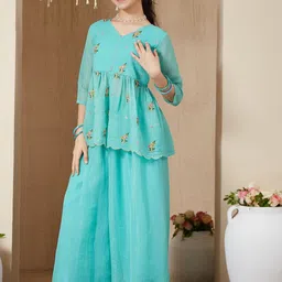 CurlyTales Girls Floral Embroidered Empire Kurta with Palazzos image 5