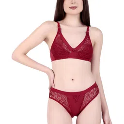 Piylu Women Maroon Solid Net & Lace Fabric Bra & Panty Set image 2
