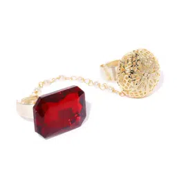Priyaasi Gold-Plated And Red Stone-Studded Dual Finger Adjustable Ring with Pearls-picture-15