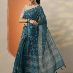 Libas Blue Printed Saree With Unstitched Blouse image 2