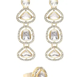 OOMPH Gold Kundan Jadau Design Indo Western Look Dangler Earrings & Ring Set image 2