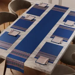 Stoa Paris Versailles Royal Blue Feast Navy 300 TC Polyester Table Runner Set For 6 seater-picture-17