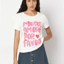 Vero Moda White & Pink Cotton Graphic Print T-Shirt image 2
