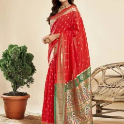 Satrani Red & Green Woven Saree With Unstitched Blouse image 2