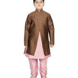 SG Yuvraj Kids Brown & Pink Textured Pattern Full Sleeves Kurta Set-picture-33