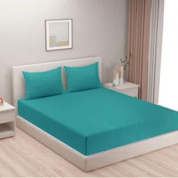 Swayam Blue Cotton Self King Bed Sheets 2 Pillow Covers image 2