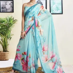 Satrani Sky Blue & Pink Floral Print Saree With Unstitched Blouse-picture-23