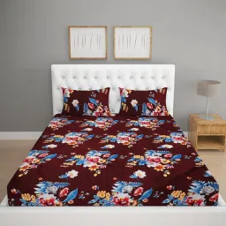 Romee Floral Maroon 144 TC Cotton Queen Sized Bed Sheet with 2 Pillow Covers image 2