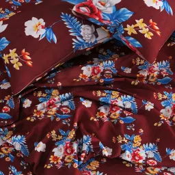 Romee Floral Maroon 144 TC Cotton Queen Sized Bed Sheet with 2 Pillow Covers image 3