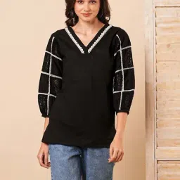 Fashor Black Cotton Embroidered A Line Short Kurti-image-42