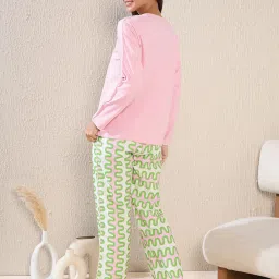 Sweet Dreams Pink & Green Cotton Printed Top With Pyjamas image 2