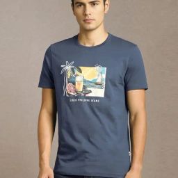 Louis Philippe Blue Cotton Slim Fit Graphic T-Shirt-picture-45