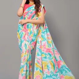 Satrani Multicolored Printed Saree With Unstitched Blouse image 4