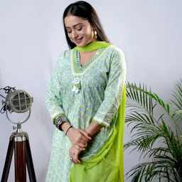 EKISHA Floral Printed A-Line Pure Cotton Kurta with Dhoti Pant & Dupatta image 4