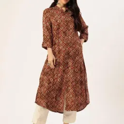 AMUKTI Wine Geometric Printed Kurta-image-0