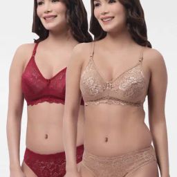 Gracit Maroon & Beige Lace Non-Padded Wireless Bra & Panty Set - Pack of 2-picture-6