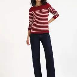 Tommy Hilfiger Maroon & White Cotton Regular Fit Striped Sweater image 5