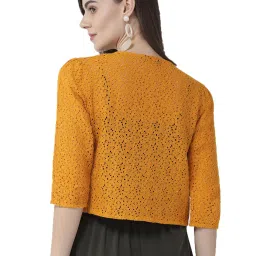 Style Quotient Women Mustard Self Design Floral lace Regular Open Front Shrug image 2