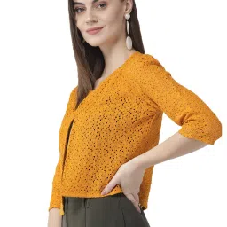 Style Quotient Women Mustard Self Design Floral lace Regular Open Front Shrug image 3
