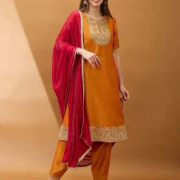 Globus Women Yellow Sequinned Zari Embroidered Yoke A-Line Kurta With Pant & Contrast Dupatta Set-image-76