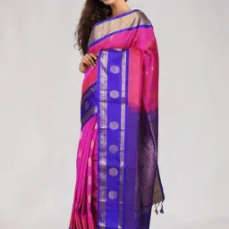 Unnati Silks Pink & Blue Cotton Silk Chequered Saree With Unstitched Blouse-picture-36