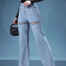 bebe Women Blue Babe Forever Embellished Wide Leg High-Rise Jeans-picture-14
