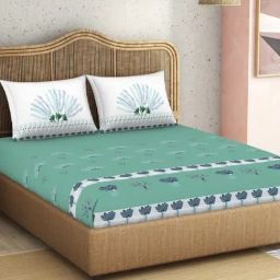 Spaces Kalakari Haath Floral Green 210 TC Cotton King Bedsheet with 2 Pillow Covers-picture-10