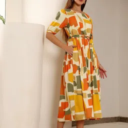 Zuvino Women Printed Puff Sleeve Maternity Cotton Fit & Flare Midi Dress with a Belt image 2