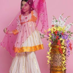 Little Bansi Girls Embroidered Pure Cotton Anarkali Kurta with Sharara & Dupatta-picture-15