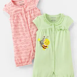 Babyoye 100% Cotton With Eco Conscious Eco Jiva Finish Cap Sleeves Rompers Hearts & Bee Print Pack of 2 - Pink & Green-picture-32