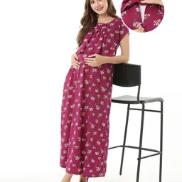 Bella Mama Cotton Half Sleeves Floral Print Nursing & Maternity Nighty with Concealed Zipper - Purple-picture-12