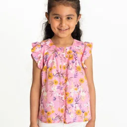 Campana Short Flutter Sleeves Seamless Floral Printed Button Down Top - Pink & Orange-picture-18