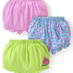 Babyhug 100% Cotton Single Jersey Above Knee Length Bloomer With Striped & Watermelon Print Pack Of 3 - Pink Blue & Green-picture-14