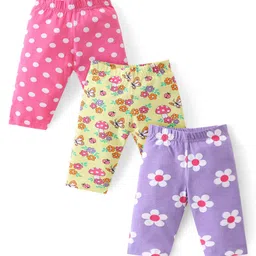 Babyhug Cotton Lycra Knit Three Fourth Leggings with Polka Dots & Floral Print Pack of 3 - Pink Yellow & Purple-image-71