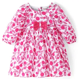 Babyhug Cotton Woven Three Fourth Sleeves Flared Frock Leaf Print & Bow Applique - White-picture-24