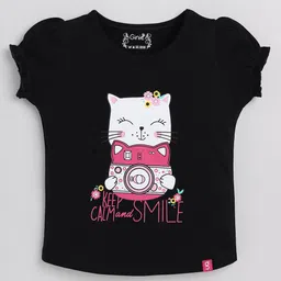 giniekids Cotton Half Puffed Sleeves Keep Calm & Smile Text Printed Top - Black-picture-14