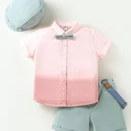 ToffyHouse Cotton Woven Half Sleeves Ombre Shirt & Shorts Set With Suspender Cap & Bow - Pink &Grey-image-7