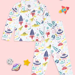 The Mom Store Cotton Knit Full Sleeves Space Theme Printed Coordinating Night Suit Set - White-picture-35