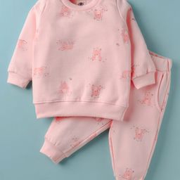 Zero Fleece Knit Full Sleeves Bear Printed Winter Co-Ord Night Suit - Peach-picture-49