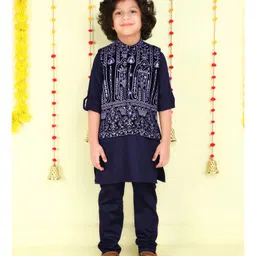 Ministitch Cotton Silk Woven Full Sleeves Solid Kurta & Pant With Floral Embroidered Jacket Set - Navy Blue-picture-27