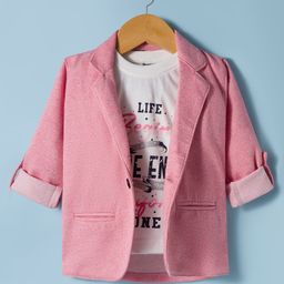 Dapper Dudes Full Sleeves Textured Blazer With Typography Printed Tee Set - Pink-picture-15