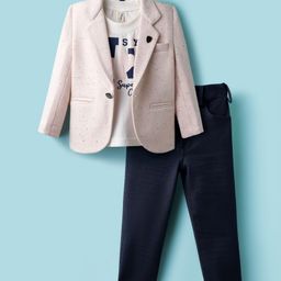Dapper Dudes Full Sleeves Textured Blazer With Typography Printed Tee & Pant Set - Pink-picture-0