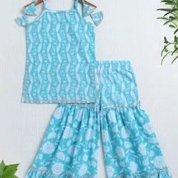 The Magic Wand Cotton Woven Sleeveless Floral Printed Kurta Sharara Set - Blue-picture-18