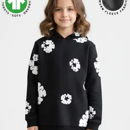 Anthrilo Fleece Knit Full Sleeves Floral Printed Light Winter Hoodie - Black-picture-23