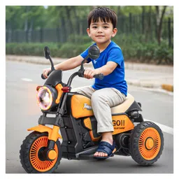 fab n funky Baby Harley Three Wheel Battery Operated Ride on Bike with Music & Lights| Pre-loaded Music with USB & AUX| Easy to Assemble| Comfortable Seat| Easy to Operate - Orange image 2