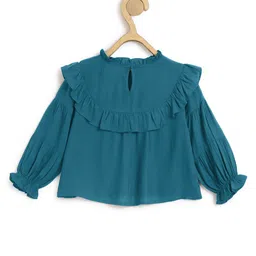 Chuppan Chupai Viscose Rayon Woven Full Peasant Sleeves Frill Detailed Top - Firozi Blue image 3