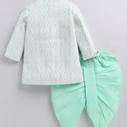 LITTLE COLLARS Jacquard Woven Full Sleeves Abstract Embroidered Achkan With Dhoti & Brooch Set - Green image 3