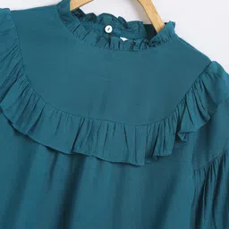 Chuppan Chupai Viscose Rayon Woven Full Peasant Sleeves Frill Detailed Top - Firozi Blue image 4